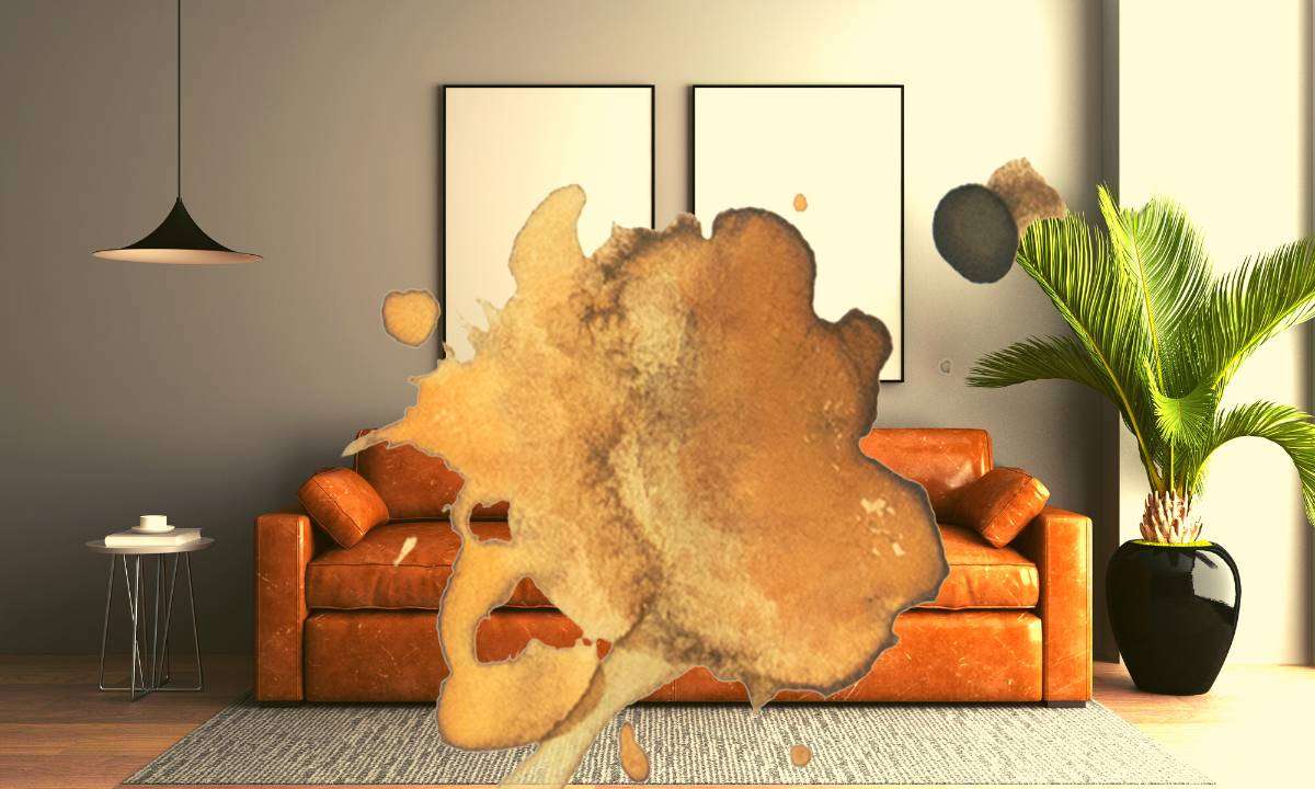 A light brown leather sofa with a coffee stain splattered on it.