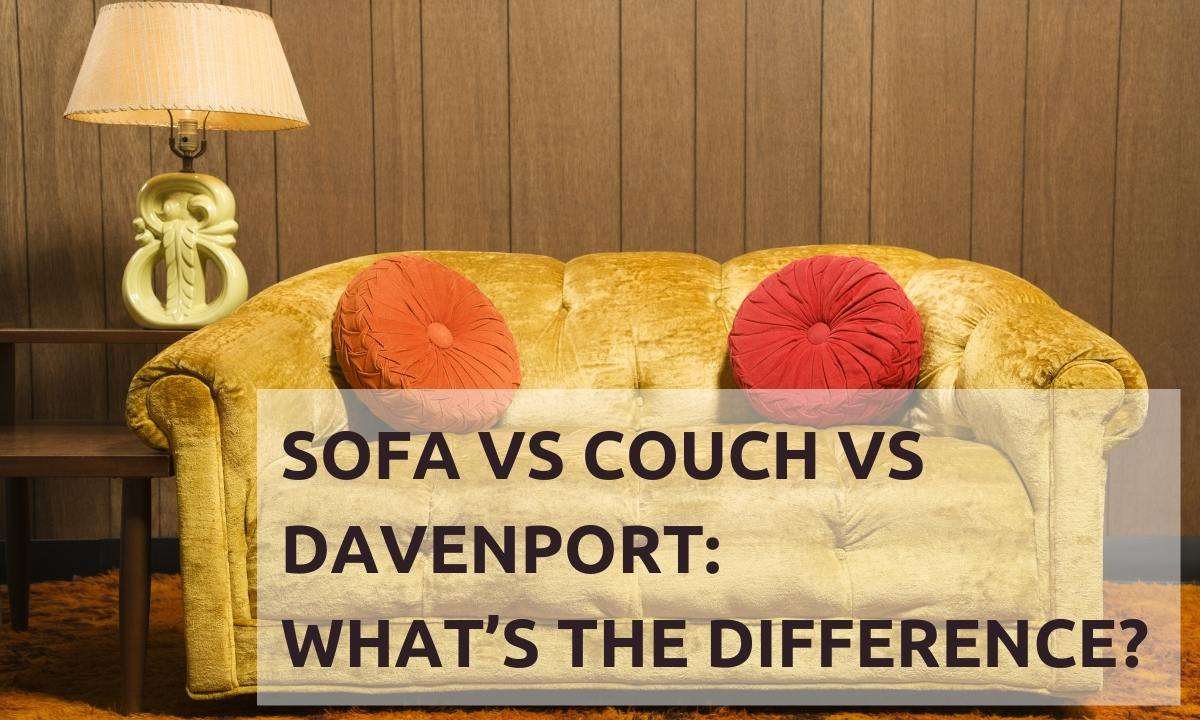 A light yellow couch with two round, red sofa cushions. Text reads: "Sofa Vs Couch Vs Davenport: What’s The Difference?"