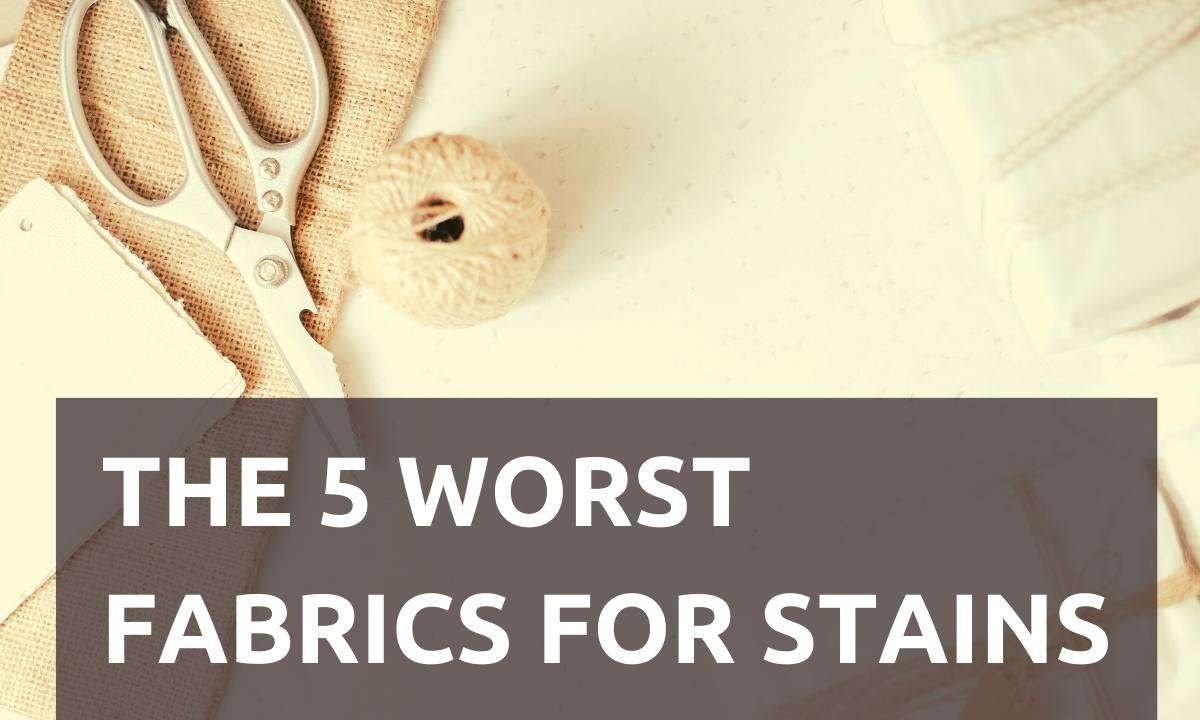 Scissors and string on white fabric. Text reads: "The 5 Worst Fabrics For Stains."